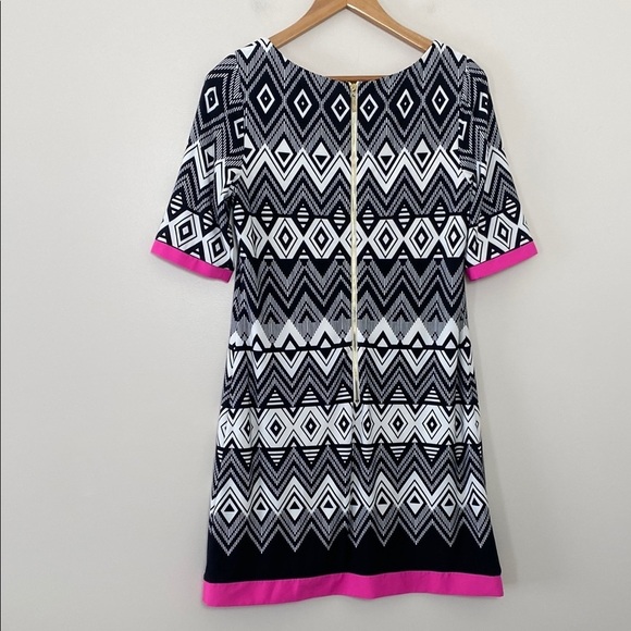Eliza J Black White Geometric Shift Dress Pink Trim Size 10 Career Work Sheath - Picture 8 of 13